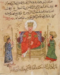 MS Ahmed III 3206: Sultan auf seinem Thron, Illustration aus „Kitab Mukhtar al-Hikam wa-Mahasin al-Kilam“ von Al-Mubashir